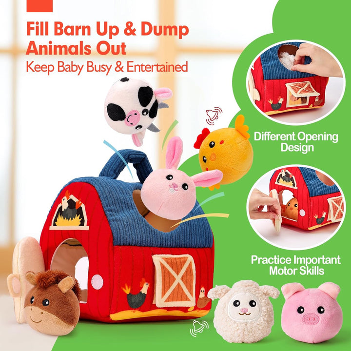 Baby Toys 6-12 Months - Surprise Barn with Stuffed Farm Animals, Rattle, Crinkle Paper, Mirror - Montessori Toys for 6 Month Old Babies, Sensory Balls Toddlers 1-3, 1 Year Old Boy Girl Gifts