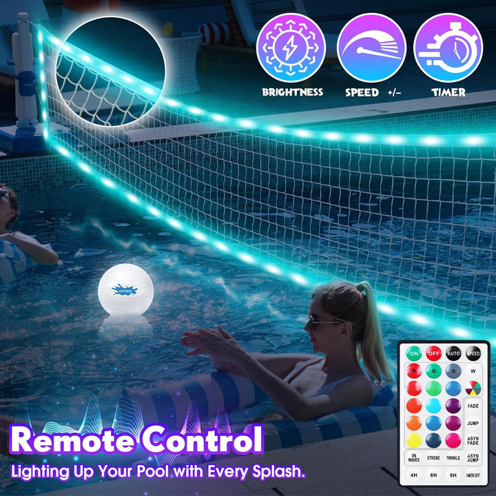 2-In-1 LED Pool Volleyball & Basketball Game Set, Light up Pool Sport Combo Set with 14In LED Rim/4 Glow Balls/2 Base/Pump, Inground Swimming Pool Toy Game for Adults & Family