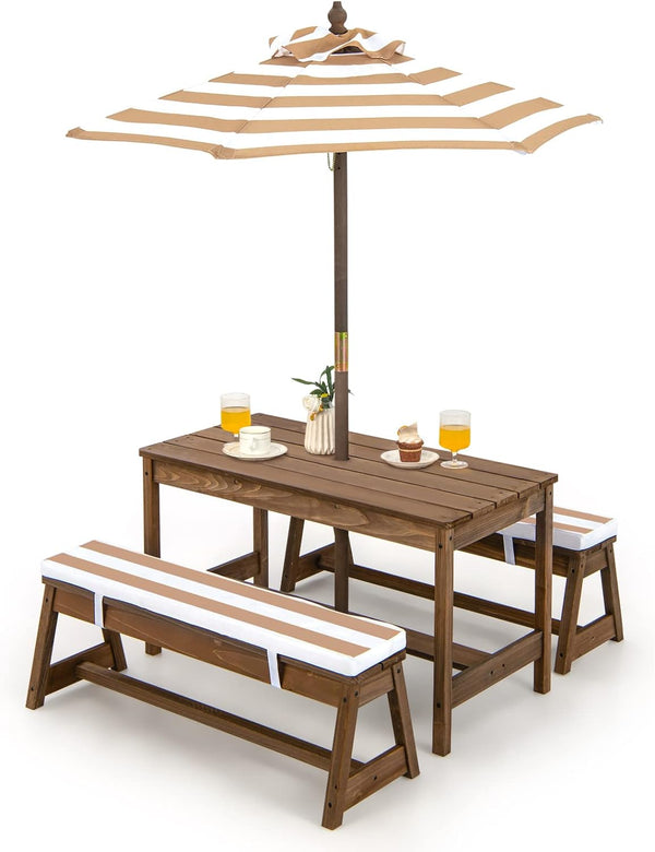 Kids Picnic Table, Toddler Wood Table & Chair Set W/Cushions, Height Adjustable Umbrella, Children Activity Table Outdoor Furniture Set for Patio, Garden, Backyard, Gift for Ages 3-8 (Coffee)