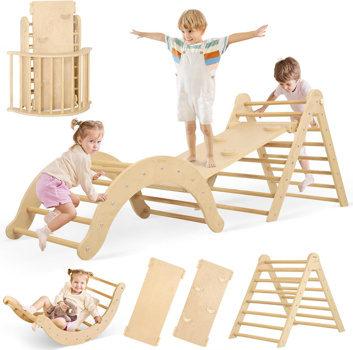 7-In-1 Climbing Toys for Toddlers 1-3 Inside, Foldable Wooden Montessori Climbing Set Indoor, Pikler Triangle Set with Arch, Ramp & Ladder - Rainbow