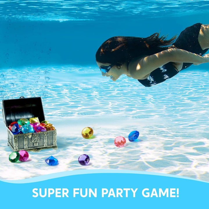 Diving Gems Pool Toys, 16 Big Colorful Diamond with Pirate Treasure Chest,Swim Dive Toy for Kids Underwater Gemstone Swimming Training Gift Water Pool Games(Gold)