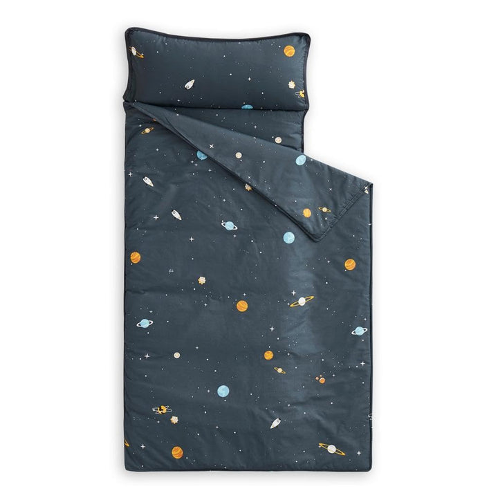 - Toddler Nap Mat with Pillow and Blanket, 100% Cotton Fabric, for Kids Boys Girls Ages 3 plus in Daycare Kindergarten Preschool, Roll up Sleeping Bag, Gray Spaces, Standard