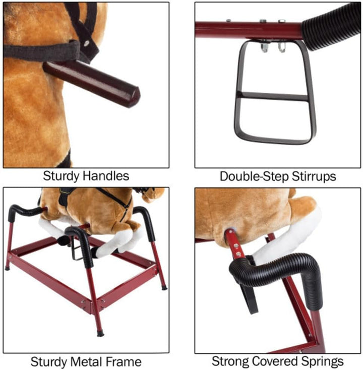 Spring Rocking Horse Plush Ride on Toy with Adjustable Foot Stirrups and Sounds for Toddlers to 5 Years Old by Happy Trails - Brown