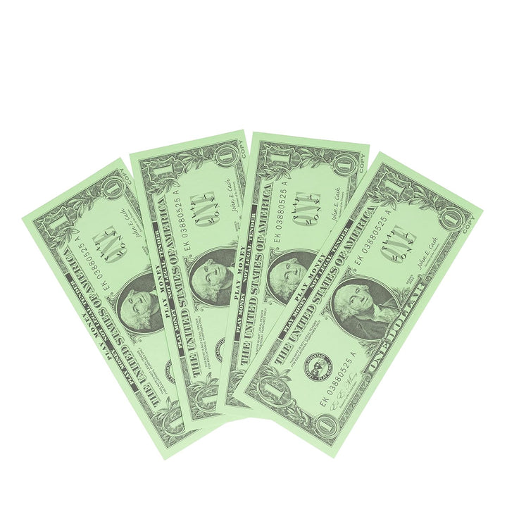 One Dollar Play Bills - Set of 100 $1 Paper Bills - Designed and Sized like Real US Currency - Teach Currency, Counting and Math with Play Money