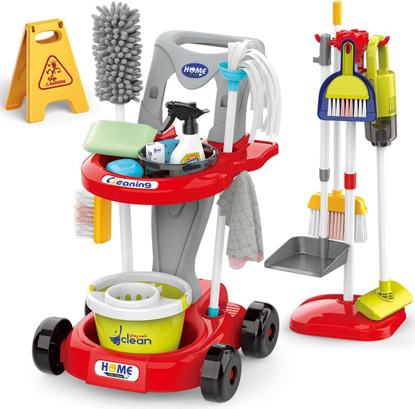 Toddler Cleaning Set，Kids Cleaning Toy Set，New 29-Piece Detachable Kids Cleaning Set for Toddlers - Pretend Play Educational Cleaning Carts (Red)