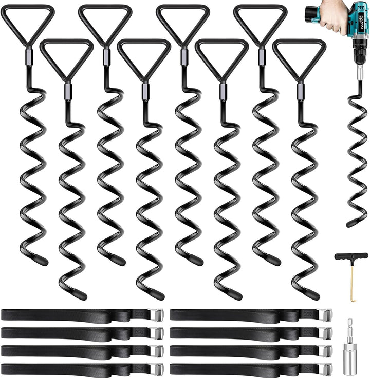 Trampoline Stakes Heavy Duty Trampoline Anchors Kit, Spiral Screw in Ground Anchors with Straps, Earth Anchors Earth Anchors Swing Set Anchors for Trampoline