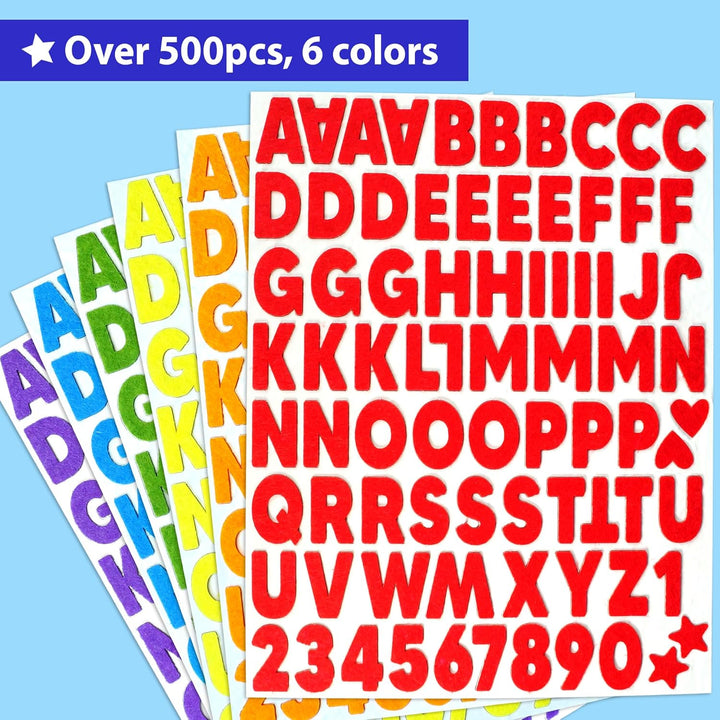 Felt Sticker Kit for Beginner Toddlers, Kids Arts & Crafts, Pack of 500 Assorted Scrapbook Stickers Alphabets, Numbers, Fun Shapes, Preschool, Children Early Learning, Self Adhesive
