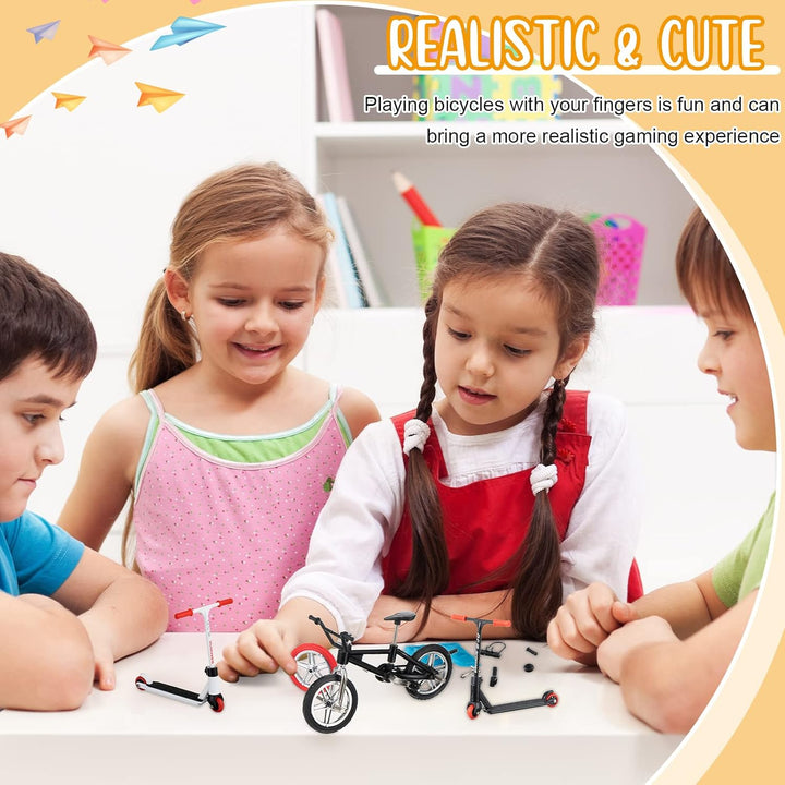 18 Pieces Finger Toy Set Including Alloy Finger Bikes, Finger Scooter, Finger Pants, Replacement Wheels, Bike Lock and Mini Tools Movement Party Favors(Black, White, Blue)