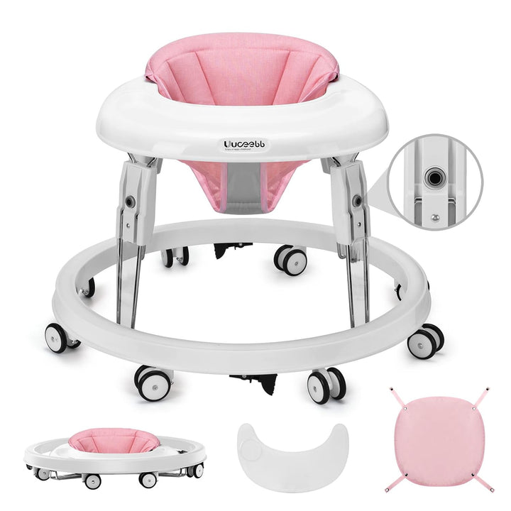 Baby Walker with Wheels, One-Touch Folding Anti-Roll 8-Wheel Baby Walkers, 7-Speed Height Adjustment with Large Dinner Plate and Brake 6-18 Months Baby Walker, Black