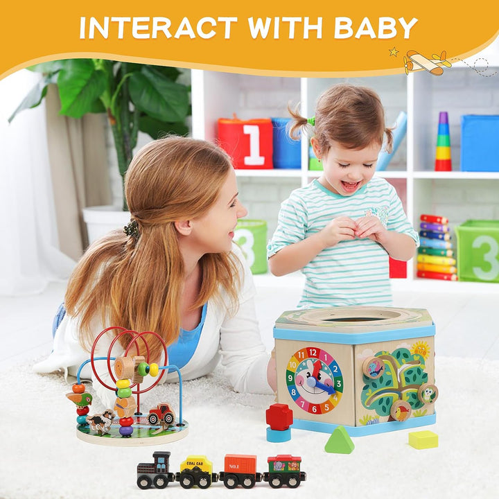 Wooden Activity Cube 9-In-1 Montessori Toys for 1+ Year Old Boys Girls Educational Learning Toys for Toddlers Age 1-2 One Year Old First Birthday Gift Bead Maze Magnetic Trains Track Shape Sorter