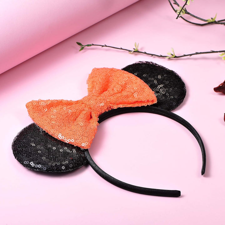 Mouse Ears, Sequin Mouse Ears Headband for Girls Women Halloween Birthday Party (Orange Bow)