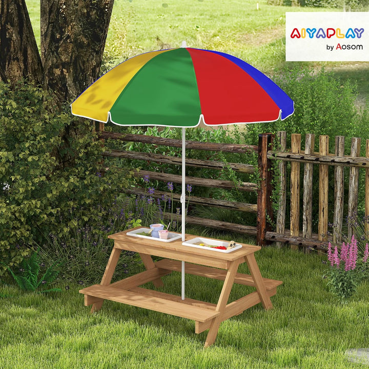 Kids Picnic Table, Wooden Outdoor Table & Bench Set with Removable Umbrella, Children Sand and Water Activity Table for Patio, Backyard, Gift for Boys Girls, Mixed Color