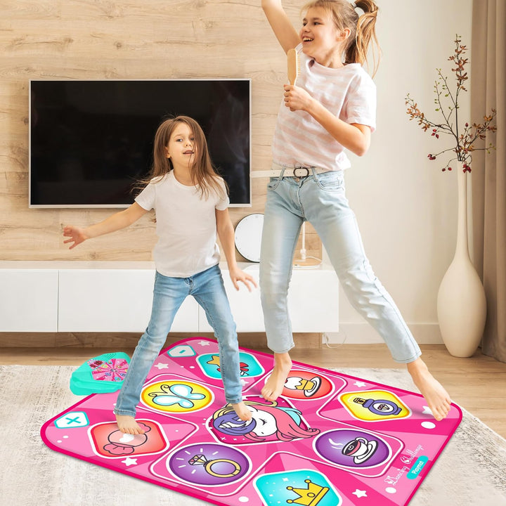 Unicorn Dance Mat, Dance Mixer Rhythm Step Play Mat, Pink Dance Pad with LED Lights, Adjustable Volume, Built-In Music, 5 Game Modes, Xmas B-Day Gifts for 3-12 Years Old Girls Toys
