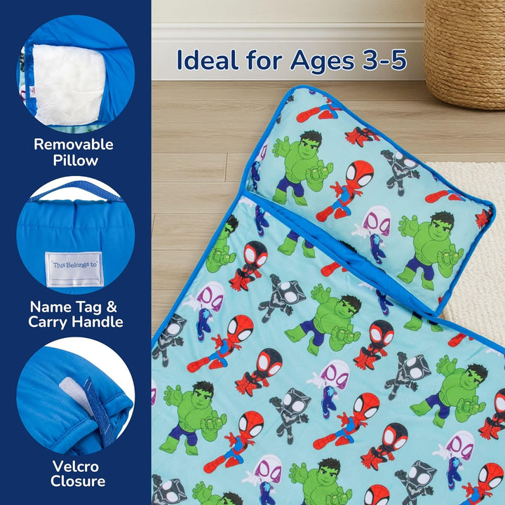 Toddler Nap Mat with Built-In Pillow and Blanket - Soft 46 X 20-Inch Microfiber Kids Sleeping Bag for School or Sleepover, Blue - Spidey & His Amazing Friends