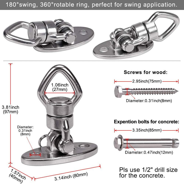 Swing Hanger with Bearing Swivel 800LB Capacity Stainless Steel Ceiling Mount Bracket Hanging Kit for Aerial Silks, Swings, Hammocks, Hanging Chair, Aerial Hoop, Heavy Bag, Yoga Swing