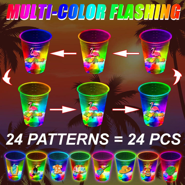 24 Pcs Glow Hawaiian Luau Party Cups, Flashing Tiki Party Cups, Tropical Luau Party Decorations Hawaiian Party Supplies Favor (16Oz)
