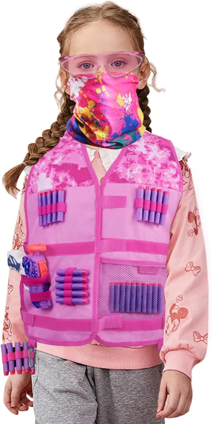 Girls Tactical Vest Kit with Blaster - Kids Pink Tactical Vest Compatible with Nerf Rebelle N-Strike Purple Darts Googles for Girl