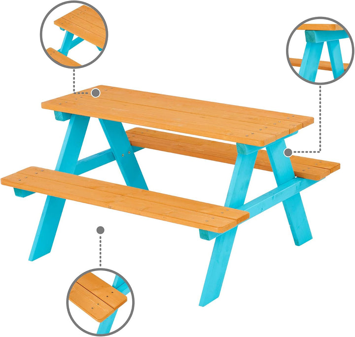- Wooden Outdoor Child Children Kids Picnic Table & Chair Bench Set - Brown/Aqua
