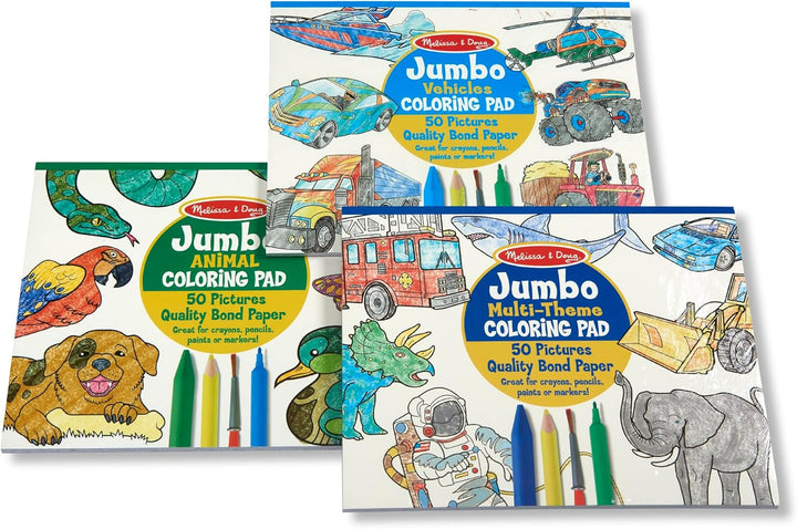 Jumbo 50-Page Kids' Coloring Pads 3-Pack - Animals, Vehicles, and Multi-Themed - FSC Certified