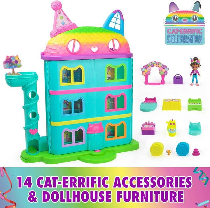 , 14 Pc Celebration Dollhouse, 25-Inches Tall, with Toy Figures, Doll House Furniture & 10 Sounds, Kids Toys for Girls & Boys Ages 3+