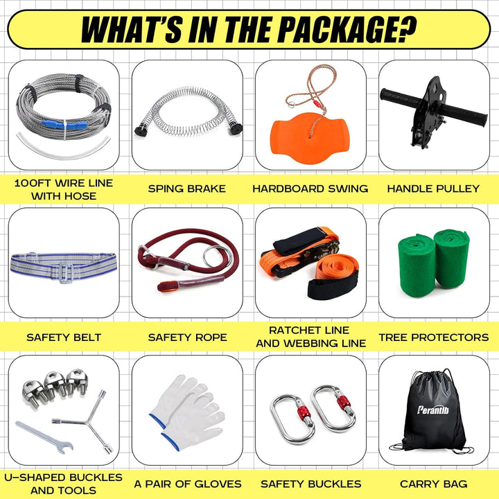 Zipline for Backyard Kids and Adults,Zipline Kits for Backyard with 100Ft Cable,6Ft Zipline Spring Brake and Belt,Zip Line Trolley with Handle,Seat and Bag