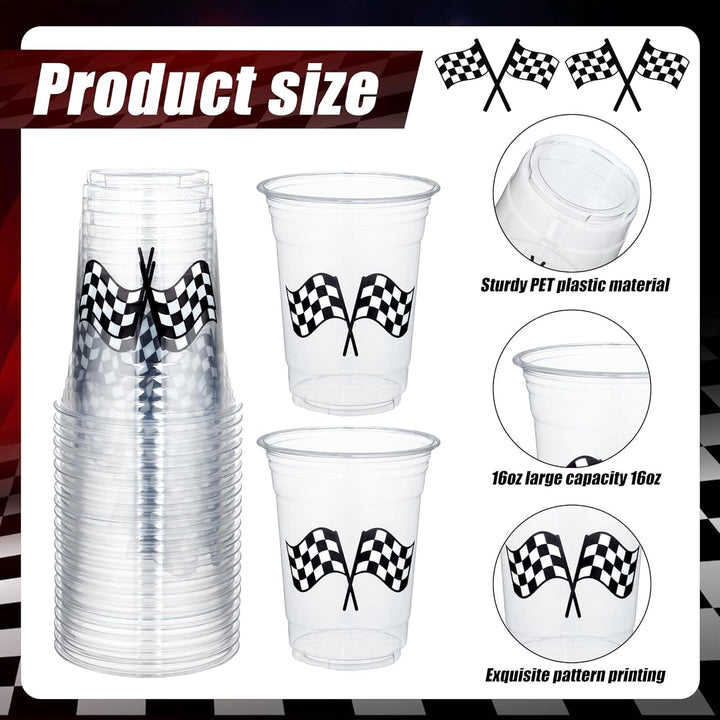 50 Pcs Checkered Racing Party Plastic Cups 16 Oz White Black Checkered Flag Clear Cup Disposable Race Car Drinking Cups for Race Car Sports Themed Birthday Party Favors Supplies