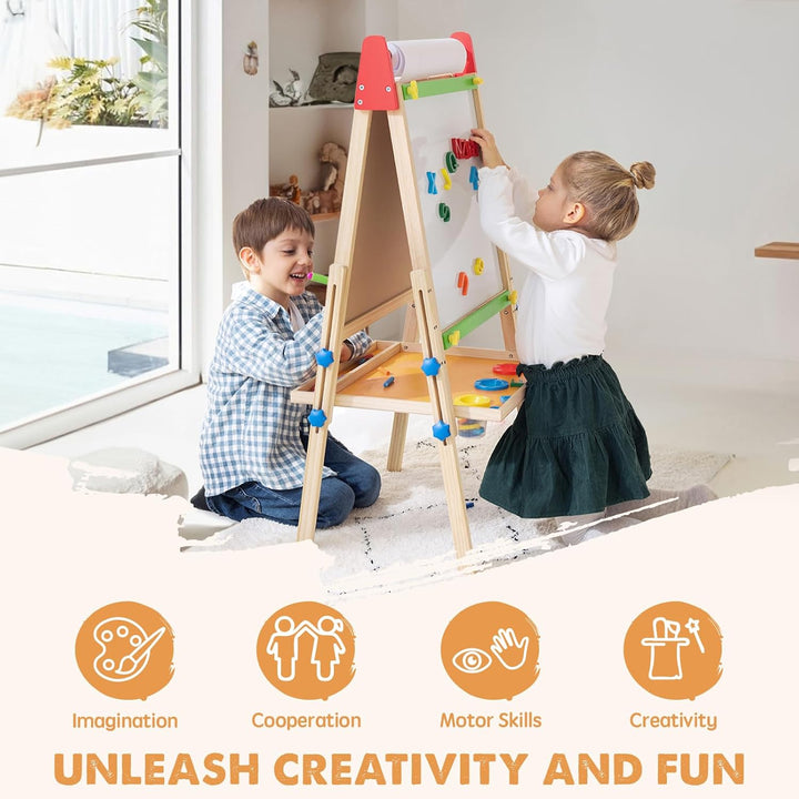 Easel for Kids with 2 Drawing Paper Roll, Learning-Toy for 3,4,5,6,7,8 Years Old Boy & Girls, Wooden Chalkboard & Magnetic Whiteboard & Painting Paper Stand, Gift & Art Supplies for Toddler