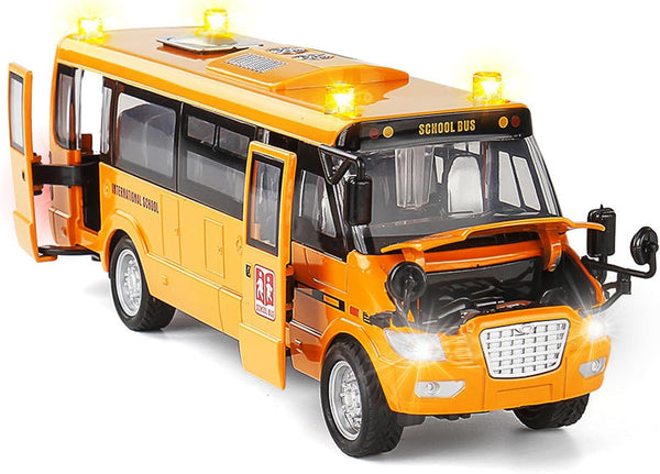 School Bus Toy Die Cast Vehicles Yellow Large Alloy Pull Back 9'' Play Bus with Sounds and Lights for Kids