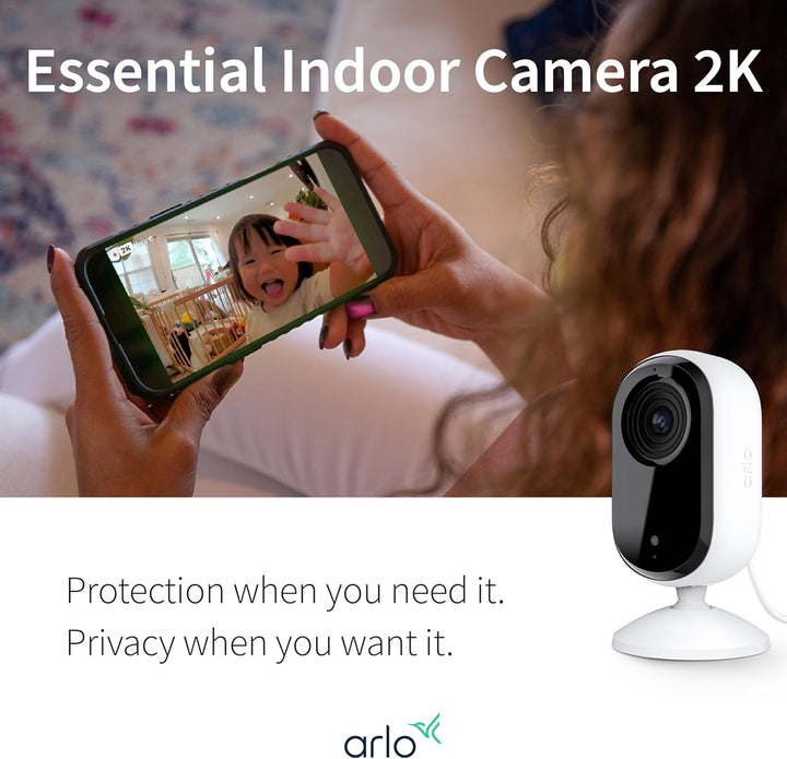 Essential Security Camera 2K | Indoor Only| 2Nd Gen | Baby Monitor & Pet Camera | Wired Automated Privacy Shield, 2-Way Audio, Night Vision, Live Stream, Motion Alerts & Notifications White,1 Cam