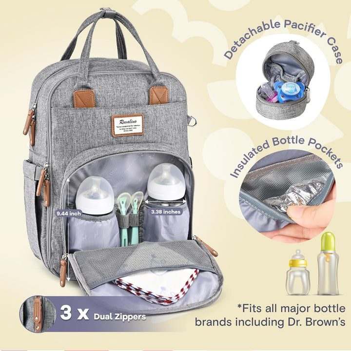 Diaper Bag Backpack-Multifunction Travel Baby Diaper Bag with Changing Pad, Insulated Bottle Holders & Pacifier Case, Large Capacity, Waterproof, Gray