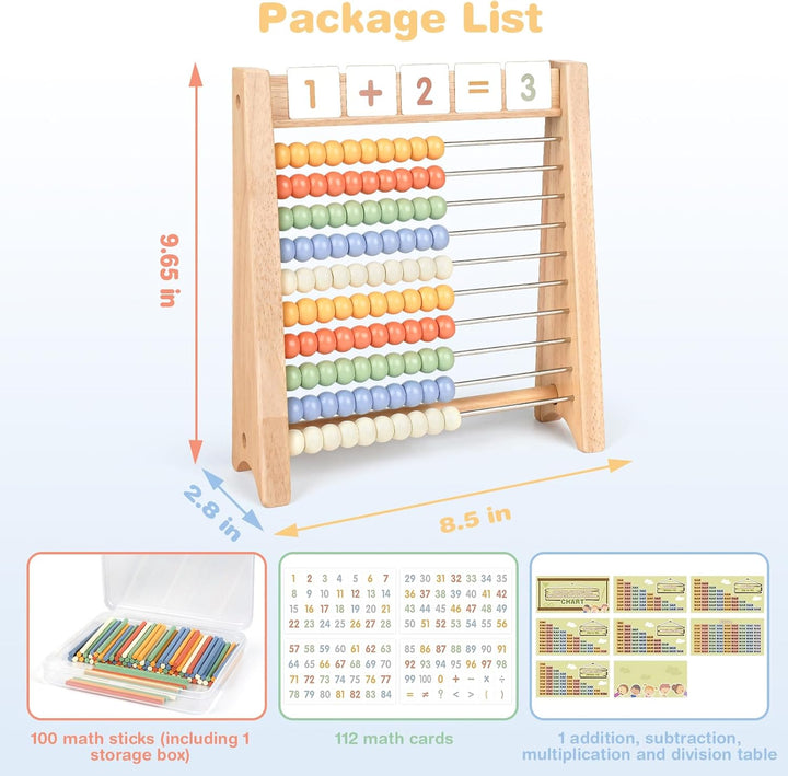 Abacus for Kids Math - Wooden Abacus with 100 Counting Sticks and 112 Math Cards, Counting Toys for Preschool Learning, Educational Math Toys for Developing Fine Motor Skills, Math Calculation