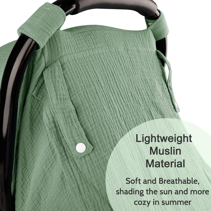 Muslin Car Seat Covers for Babies, Summer Baby Car Seat Cover for Boys Girls with Breathable Window, Lightweight Infant Car Seat Canopy, Green