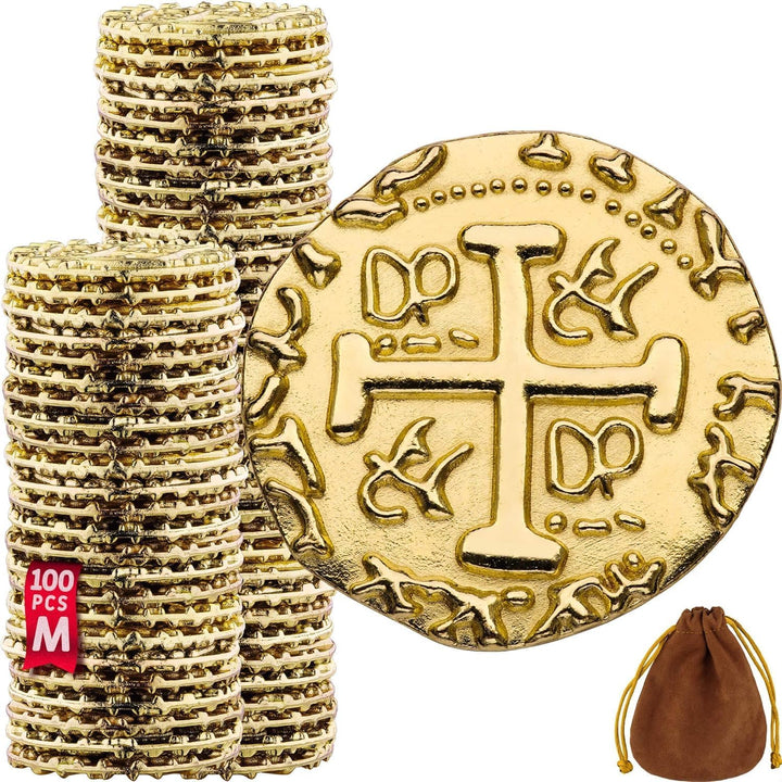 Gold Metal Pirate Coins - 35 Gold Treasure Coin Set, Metal Replica Spanish Doubloons for Board Games, Tokens, Toys, Cosplay - Realistic Money Imitation, Pirate Treasure Chest, Medium Size 7/8"