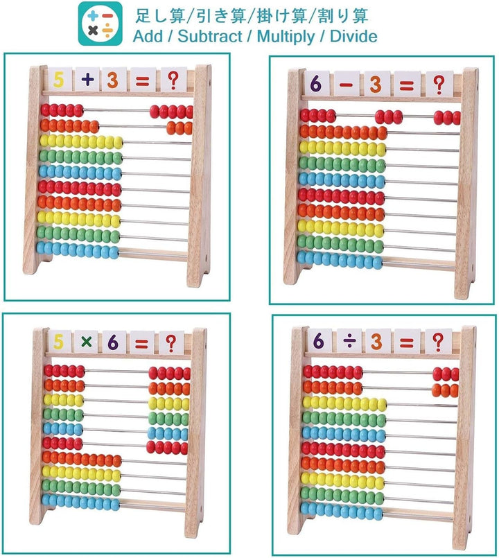 Educational Abacus for Kids Math - 10 Row Wooden Counting Frame with Number 1-100 Cards - Teach Counting, Addition and Subtraction, Preschool Learning Math Toys for Boys Girls Gift 3 4 5 Year Old