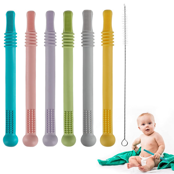 Hollow Teether Tube Chew Straw Sensory Toy for Infant Toddlers Silicone Tubes Teething Toys for Babies 3-12 Months 0-36 Months Gifts Learning Developmental Toys BPA Free Freezable 6 Pack