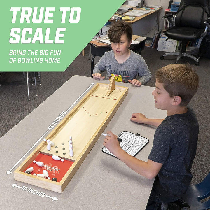 Mini Wooden Tabletop Bowling Game Set for Kids & Adults - Includes 1 Bowling Alley Board, 1 Launch Ramp, 2 Mini Bowling Balls, 10 Pins & Dry Erase Scorecard