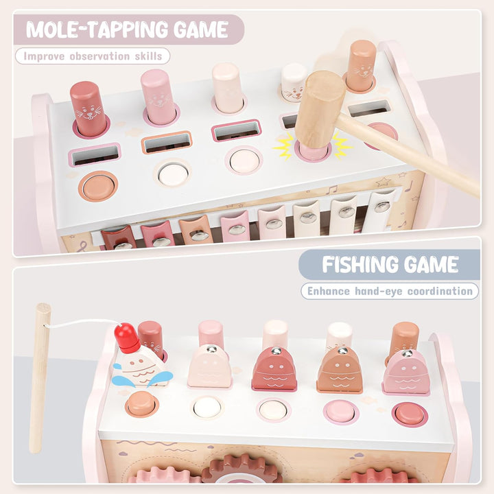 Montessori Toys for 1 Year Old Girl Gift - Pink Wooden Hammering Pounding Toy with Xylophone & Fishing Game - Toddler Learning Activities for Kids 1+ 2 3 Year Old Christmas Birthday Gifts