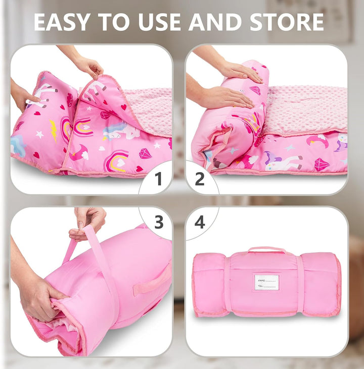 Toddler Nap Mat with Removable Pillow and Fleece Blanket, Extra Large 55''X35'' Sleeping Bag, Washable, Light, Easy to Roll Up, Perfect for Daycare, Preschool, Kindergarten, Travel