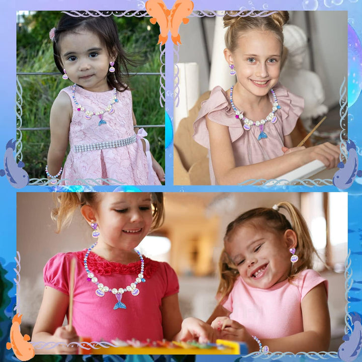 6Pcs Girls Princess Necklace Bracelets Ear Clips Set Mermaid Crown Pendant Colorful Plastic Princess Party Dress up Pretend Play Christmas Gift