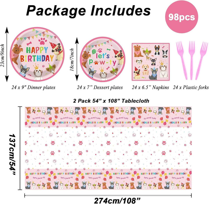 98Pcs Dog Birthday Party Decorations Puppy Tableware Set Plates Napkins Pink Dog Theme Tablecloth for Girls Birthday Lets Pawty Party Supplies Kit Pet Dog Table Cover Dinnerware Paw Print Party Favors