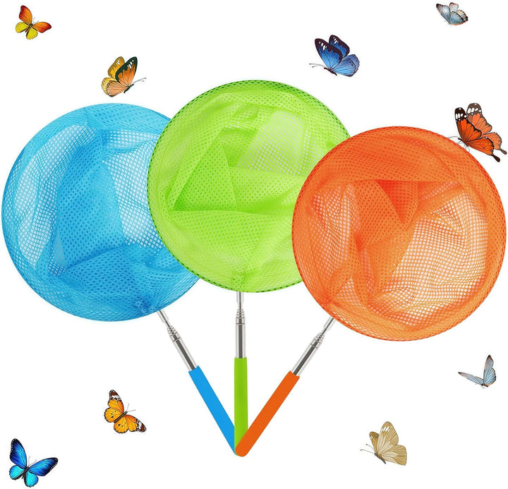 Kids Telescopic Butterfly Fishing Nets Great for Catching Insect Net Perfect Outdoor Tools for Catching Bugs Fish Insect Ladybird, Extendable 34 Inches and anti Slip Grip (3 Pack)