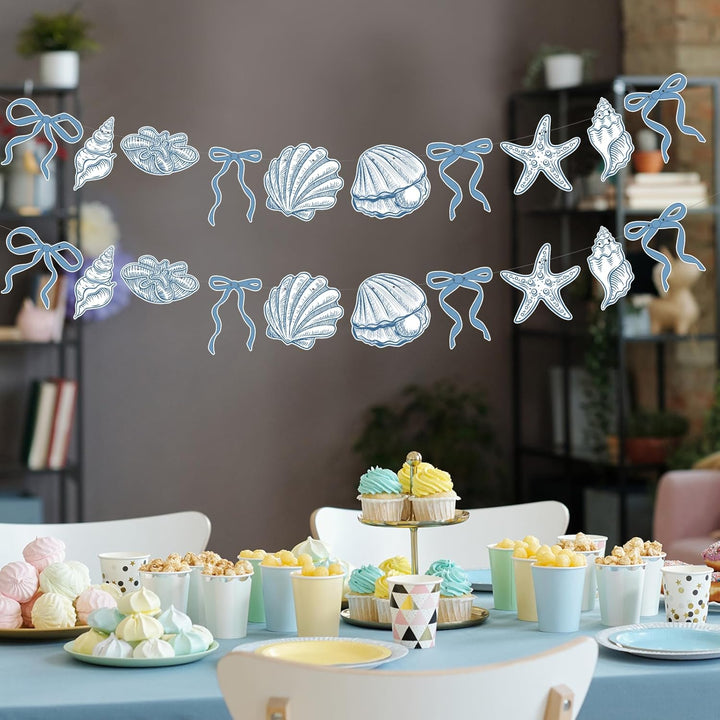 2 Pack Blue Bow Starfish and Seashell Garland 6.56 Ft Ocean Coastal Nautical Beach Party under the Sea Paper Bow Hanging Banner for Summer Birthday Wedding Bachelorette Mermaid Baby Shower