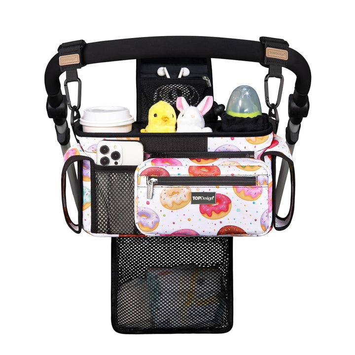 Universal Baby Stroller Organizer, Stroller Caddy with Detachable Mesh Bag & Heightened Insulated Cup Holders & Non-Slip Secure Hooks Accessories, Fits Most Strollers (Checkerboard)