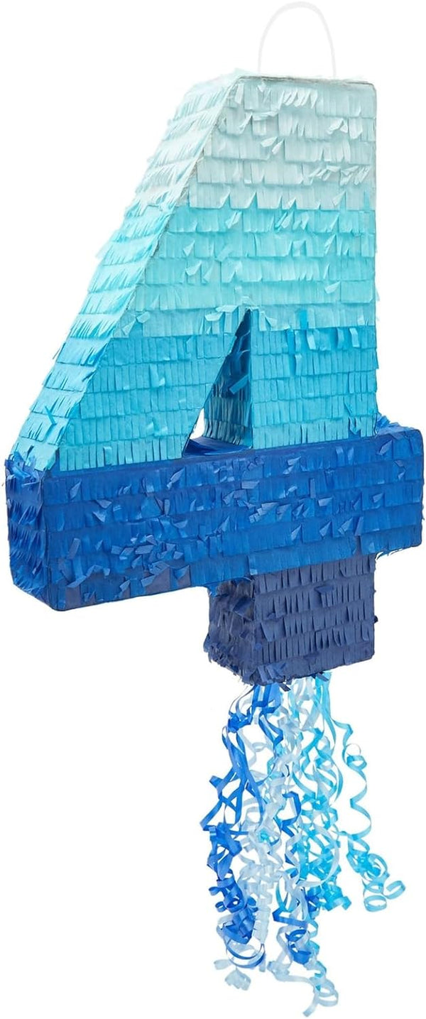 Number 4 Pull String Pinata for Boys 4Th Birthday Party Decorations - Ombre Blue (16.5 X 12 X 3 in 4 Pinata)
