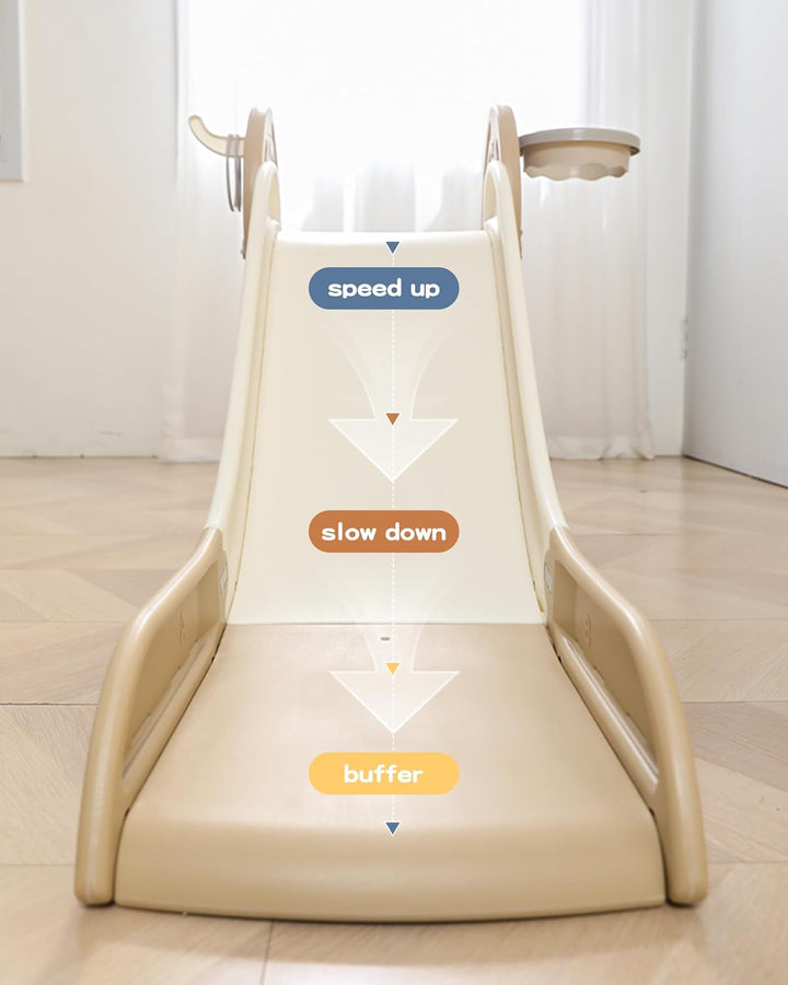 4 in 1 Toddler Slide,Freestanding Kid Slides,Baby Plastic Foldable Slides with Basketball Hoop and Ball,Indoor and Outdoor Toddler Playground Slide (Brown)
