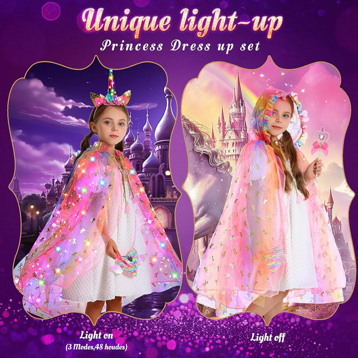 Princess Dress up for Girls,Unicorn Light up Princess Cape Set,Light up Princess Dress with Unicorn Toys for Girls 3-8 Halloween