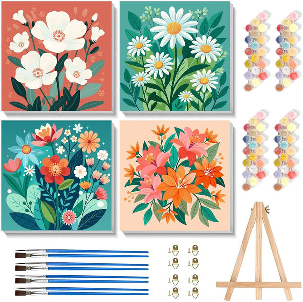 4 Pack Paint by Numbers Kit for Kids with Frame - Wooden Easel, Flowers Paint by Numbers for Kids Ages 4 8 12, Easy Flower Acrylic Oil Painting Kits for Home Wall Decoration 8X8 Inch