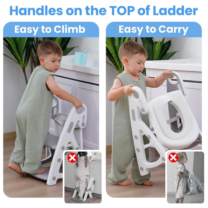 Potty Training Seat, 2-In-1 Toddler Toilet Seat with Step Stool, Ultra-Stable Potty Chair Attachment, Adjustable Seat and Step Ladder, Non-Slip Design, Splash Guard for Boys and Girls(Grey)