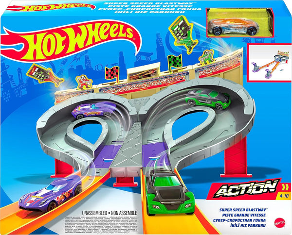 Track Set Super Speed Blastway Playset, Dual-Track Racing for 1 or 2 Players, Includes 1:64 Scale Toy Car