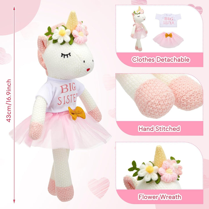 Big Sister Gift for Girls 17 Inches Unicorn Stuffed Plush Doll Short Sleeve Top and Pink Tutu Skirt Gifts for Girls Toddler